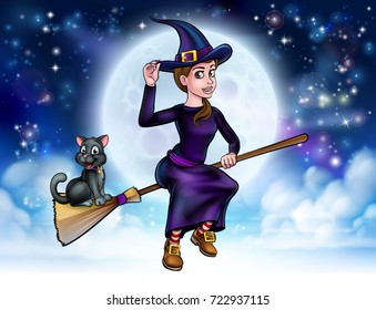 Witch and cat Halloween friendly cartoon characters flying on a broomstick in front of a full moon background scene