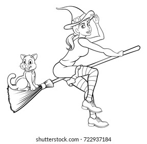 Witch and cat Halloween friendly cartoon characters flying on a broomstick