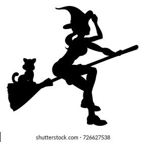 Witch and cat Halloween friendly cartoon characters flying on a broomstick silhouette 