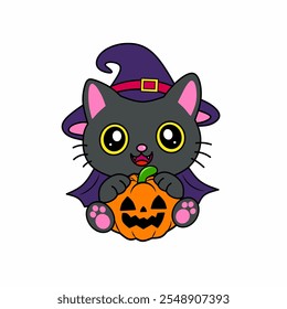 Witch Cat Halloween Pumpkin Animal Vector Illustration.