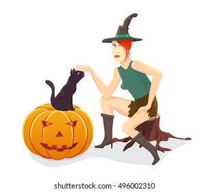 Witch, cat and Halloween pumpkin.Vector illustration.