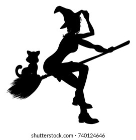 Witch and cat Halloween silhouette friendly cartoon characters flying on a broomstick