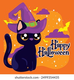 Witch cat Happy Halloween poster Vector illustration