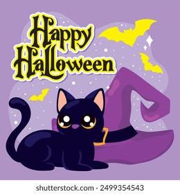 Witch cat Happy Halloween poster Vector illustration