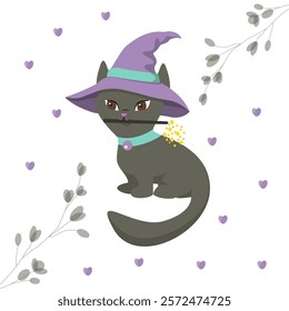 witch cat in a hat and with a magic wand vector illustration