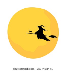 Witch and Cat Illustration on the Moon Background. Halloween Day Party Illustration