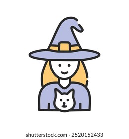 Witch with cat. Illustration of a smiling witch wearing a pointy hat and a sweater with a cat.