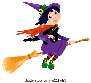 Witch and cat. Isolated on white. Cartoon vector illustration.