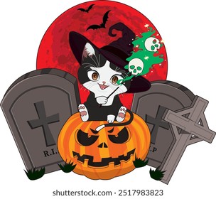 witch cat magic spell witchcraft red moon in graveyard