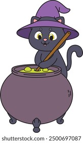 Witch cat mixing substance in cauldron vector illustration