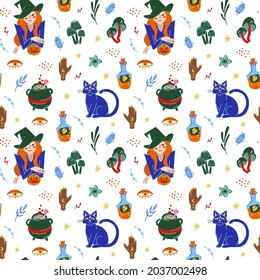 Witch and cat, mushrooms and poison seamless pattern. Halooween vector background. Witchcraft backdrop with esoteric and mystic symbols
