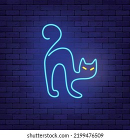 Witch cat neon icon. Blue shiny wild animal. Happy halloween decoration. Season october holiday. Glowing signboard on brick wall. Editable stroke. Vector stock illustration