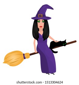 Witch with a cat on a broomstick for Halloween isolated on white