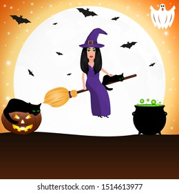 Witch with a cat on a broomstick for Halloween against the background of the moon with bats.