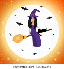 Witch with a cat on a broomstick for Halloween against the background of the moon with bats.