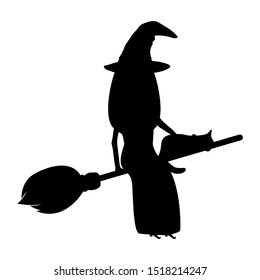 Witch with a cat on a broomstick for Halloween isolated on white