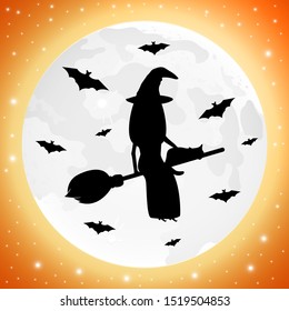 Witch with a cat on a broomstick for Halloween against the background of the moon with bats.