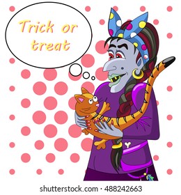 witch with cat on Halloween in comic style. trick or treat