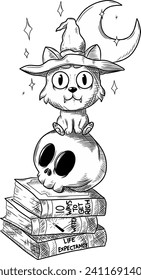 Witch cat on top of skull and book black and white vector