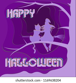 witch with a cat on a tree branch in front of the portal happy halloween creative logo, postcard
