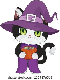 Witch cat with pumpkin candy bucket vector