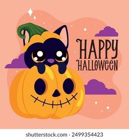 Witch cat and pumpkin Happy Halloween poster Vector illustration