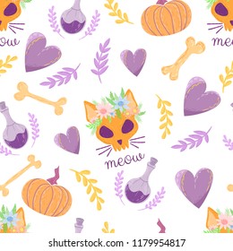 Witch cat, pumpkins and bones on a white background. Seamless Halloween Pattern, Cartoon Style