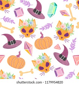 Witch cat, pumpkins and bones on a white background. Seamless Halloween Pattern, Cartoon Style