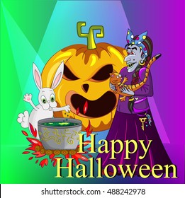 Witch with a cat and a rabbit magic potion brewed. pumpkin sinister laugh. card for Halloween
