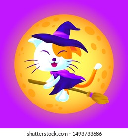 Witch cat ride a magic broom with full moon background. Cute cat ride a broom in halloween night.