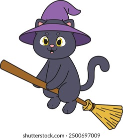 Witch cat riding broom vector illustration