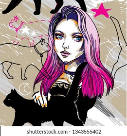 
Witch with a cat. Seamless pattern with gothic girl and cats. Pink hair, ombre. Magic, mystery, witchcraft.