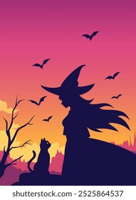 Witch and cat silhouettes. Halloween vector illustration. Flying bats silhouettes in the sky. Background for holiday decorations