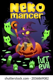 witch cat sit on the pumpkin, halloween background illustration