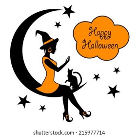 witch and a cat sitting on a crescent moon 