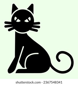 Hexe Katze solide Symbol. Gruselige Katze sitzt seitwärts und starrt ein Piktogramm im Stil der Glyphe auf weißem Hintergrund. Halloween oder Witchcraft Schilder für mobiles Konzept und Webdesign. Vektorgrafik