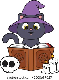 Witch cat with spell book vector illustration