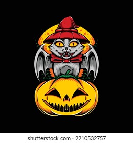 witch cat standing on pumpkins halloween vector