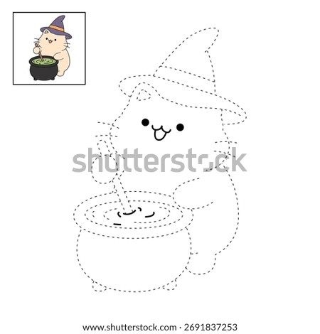 Witch cat stirring a large pot coloring pages for kids printable vector. Trace and color cat wearing witch hat and poison pot. Halloween coloring page for celebrate halloween day.