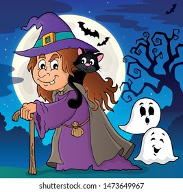 Witch with cat topic image 2 - eps10 vector illustration.