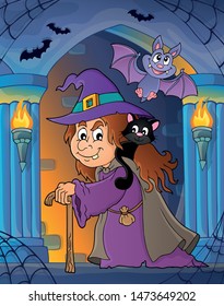 Witch with cat topic image 3 - eps10 vector illustration.