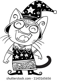 The  witch cat.Hand drawn illustration, for coloring , children books illustration,books illustration, decoration,pattern, clip arts, background.