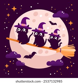 Gatos brujos volando en palo de escoba. Luna, murciélagos y estrellas en el fondo de la noche. Vacaciones de Halloween. Lindo gatito kawaii. Ilustración vectorial.