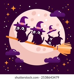 Witch cats flying on broomstick. Halloween vector illustration. Night sky with full moon on background. Cute kawaii kittens.