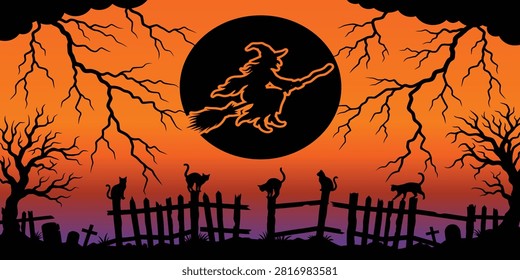 Witch and cats on fence with lightning background frame lightning silhouette