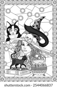 Witch with cats witchcraft coloring pages for adults