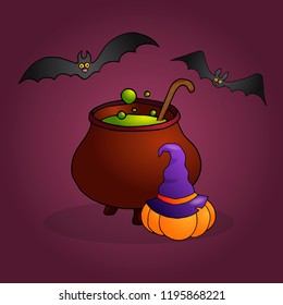 Witch Cauldron, Bats and Pumpkin