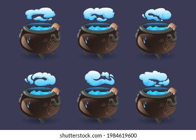 Witch cauldron with blue boiling magic potion, hand and smoke. Old cooking boiler with drawn scary devil face, brew and steam. Vector cartoon sprite sheet for animation