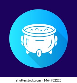 Witch cauldron blue flat design long shadow glyph icon. Brew potion. Wicked witchcraft, sorcery. Witch soup. Iron pot, boiler with magical poison. Halloween wizard item. Vector silhouette illustration