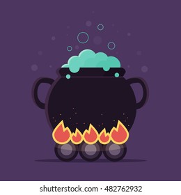 Witch Cauldron with Blue Magical Potion. Flat Design Style. 